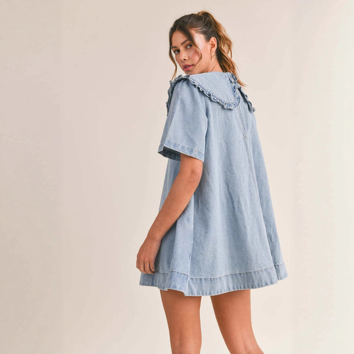 Damen Denimkleid Voluminöser Kragen Rüschendetails