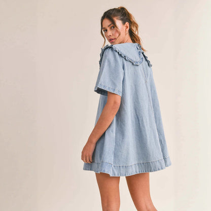 Damen Denimkleid Voluminöser Kragen Rüschendetails