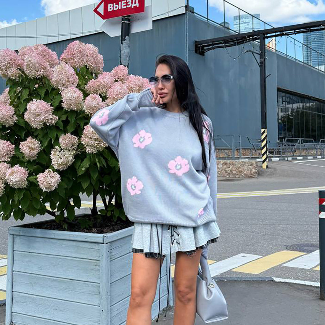 Damen Pullover Grobgestrickt Blumenmuster