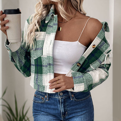 Damen Karobluse Cropped Nostalgisch Knöpfe