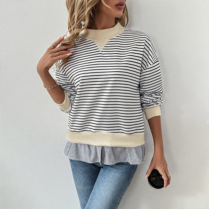 Damen Sweatshirt Asymmetrisches Streifenmuster Rüschenabschluss