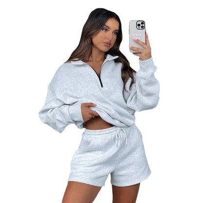 Damen Sweatpullover Kurz Hose Reißverschluss Norvielle