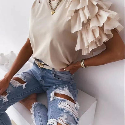 Damen T-Shirt Rüschendetails Baumwolle Weiß