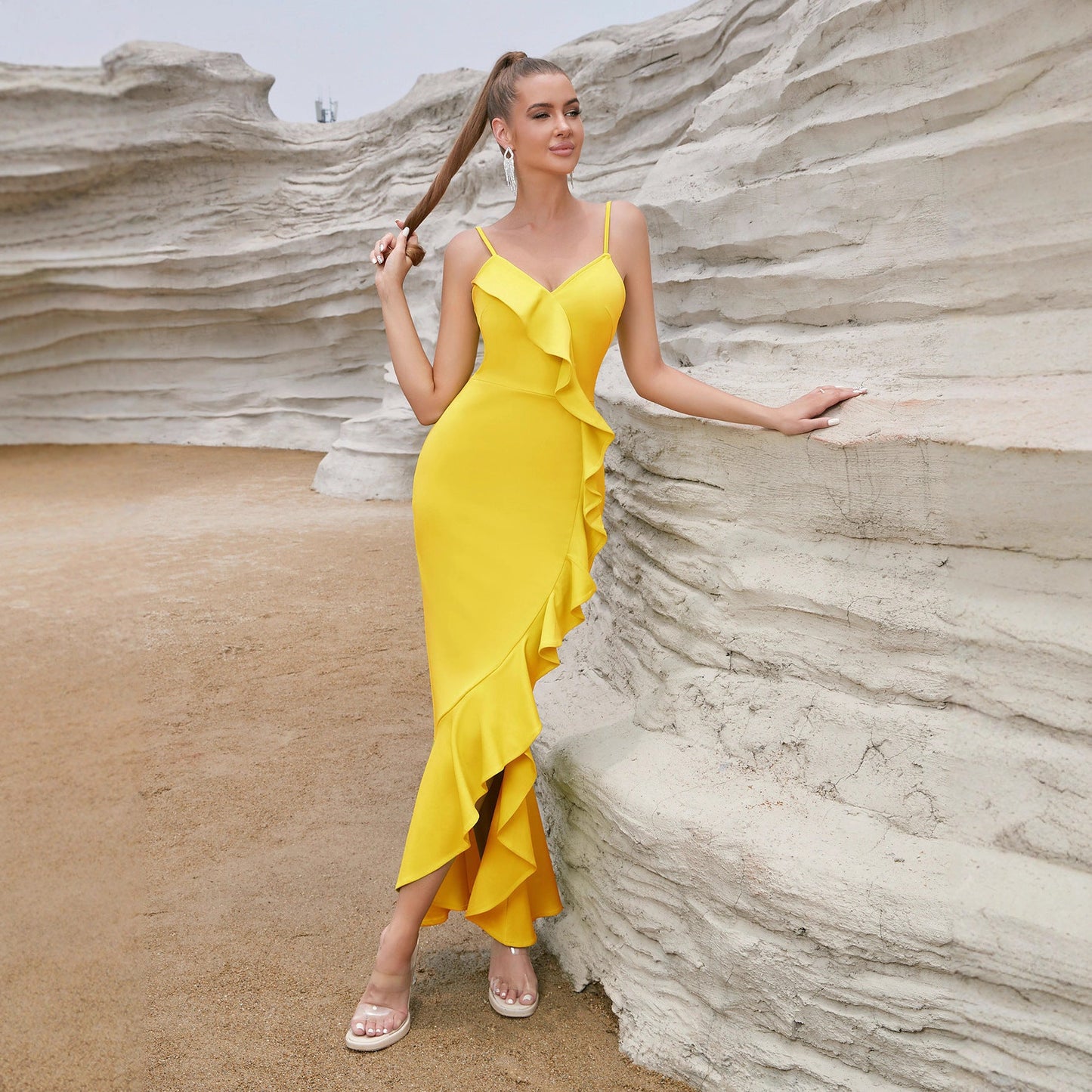 Damen Maxikleid Rüschen Hochschlitz