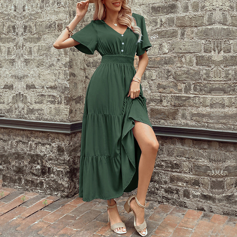 Damen Maxikleid Rüschen Details Taillengürtel Norvielle