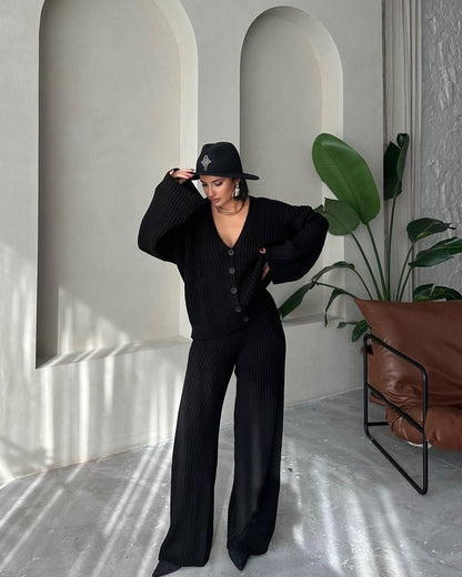 Damen Strick-Loungewear-Set V-Ausschnitt Langärmlig Norvielle