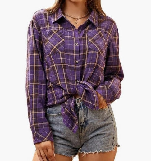 Damen Flanellbluse Kariert Mit Knotendetail