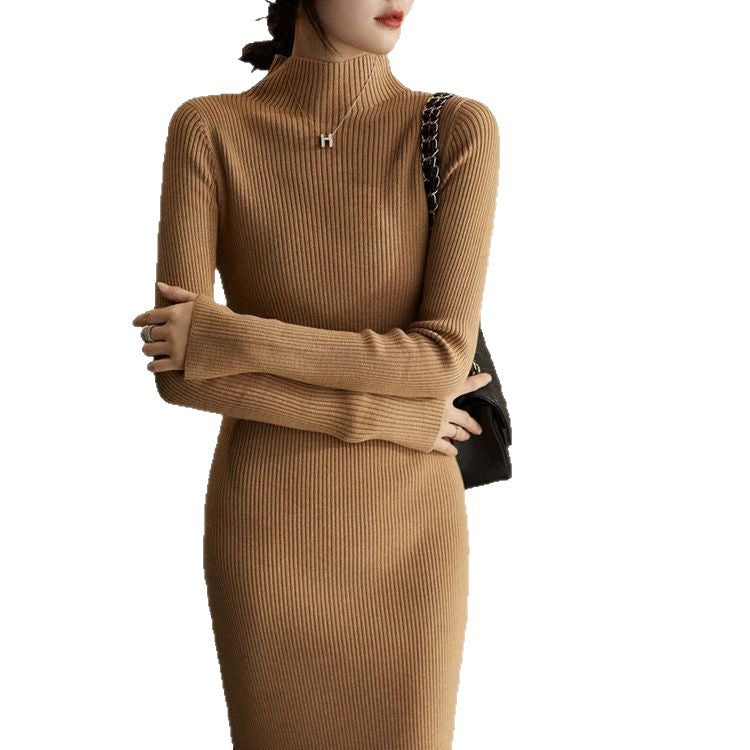 Damen Strickkleid Hochgeschlossener Kragen Rippmuster Beige