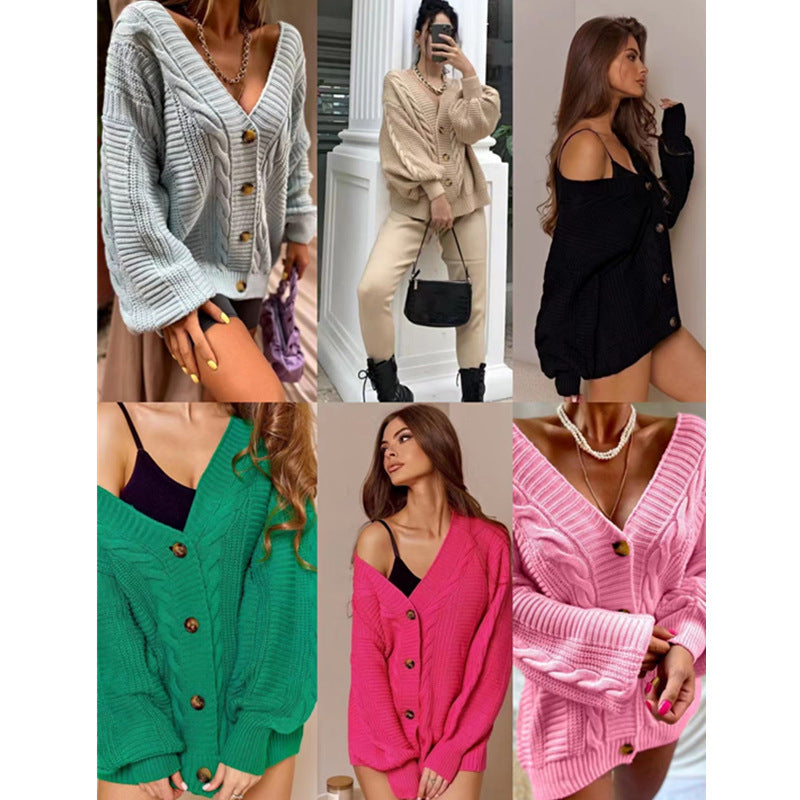 Norvielle Damen Cardigan Grobstrick Voluminöse Ärmel Große Knöpfe