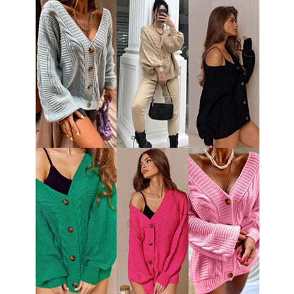 Norvielle Damen Cardigan Grobstrick Voluminöse Ärmel Große Knöpfe
