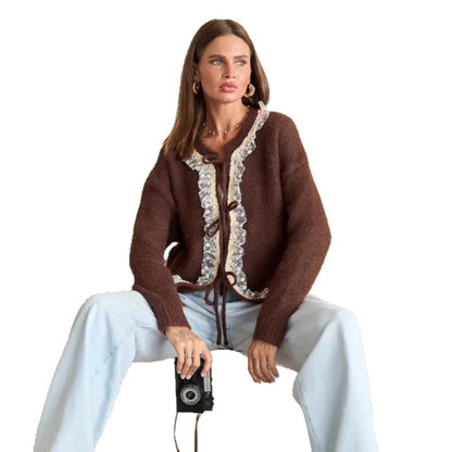 Damen Strickcardigan feine Spitze Beige