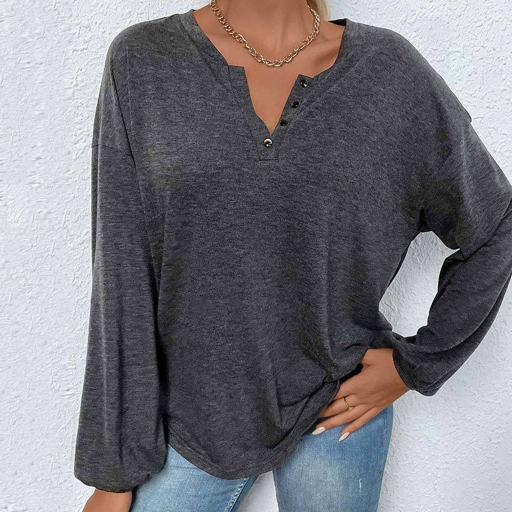 Damen Langarmshirt Knopfleiste Locker Passform