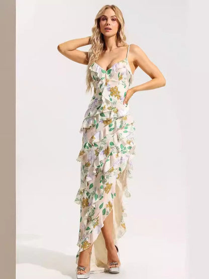 Damen Maxikleid mit Rüschen Floralmuster Tiefem Beinschlitz