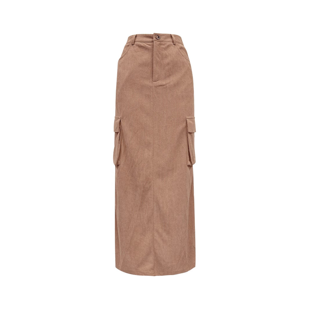 Damen Cargo Rock Midi mit Seitentaschen Elastischer Bund