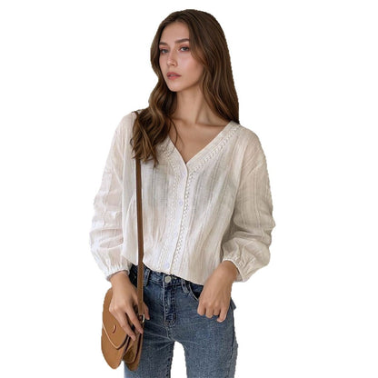 Damen Bluse aus Leinen mit Knöpfen Elegant Beige