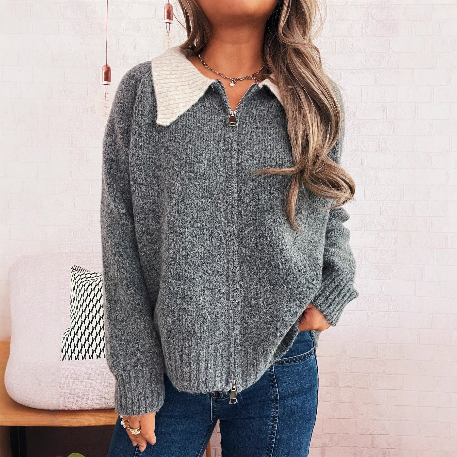 Damen Strickjacke Kontrastkragen Reißverschluss Norvielle - Norvielle