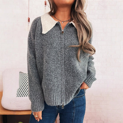 Damen Strickjacke Kontrastkragen Reißverschluss Norvielle - Norvielle