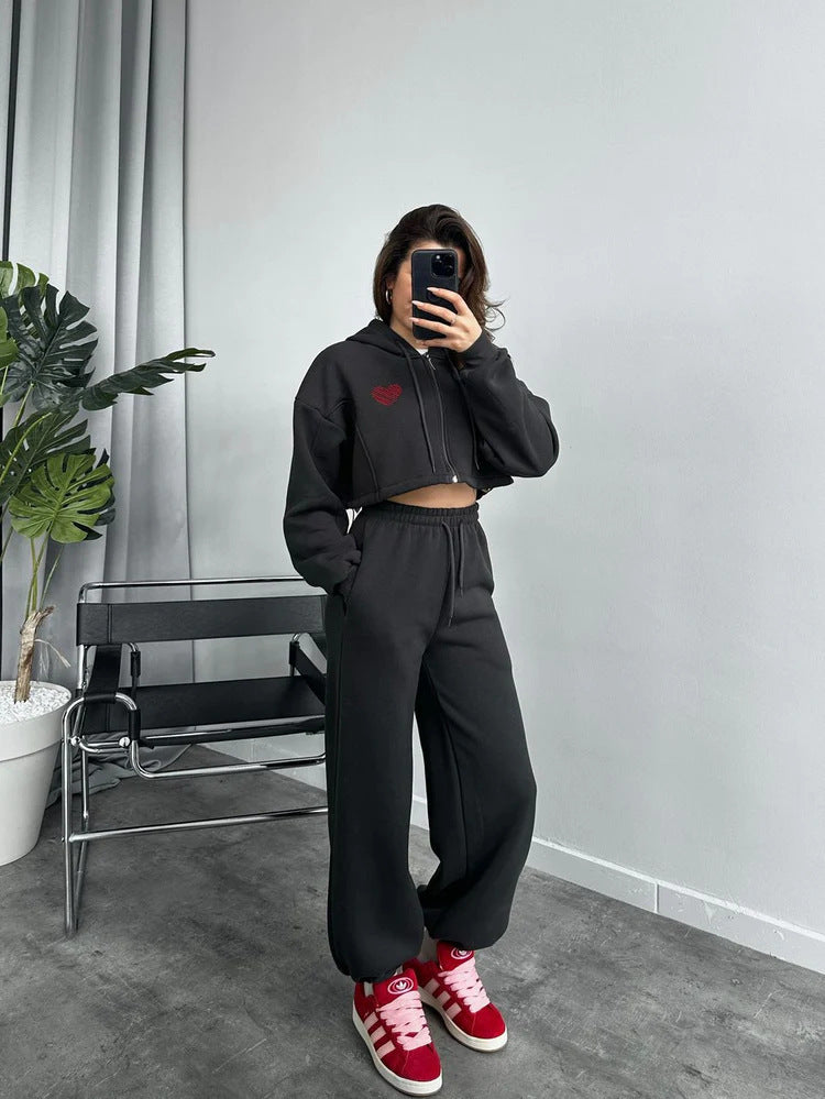 Damen Sportliches Hoodie-Set mit lockerer Hose Cropped