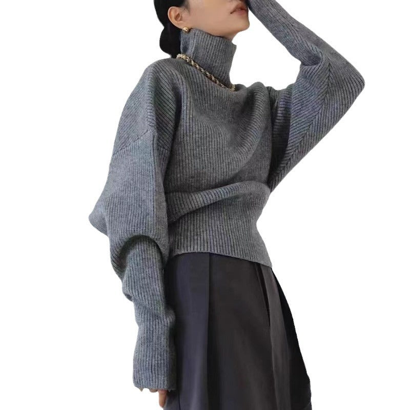 Damen Rollkragenpullover Strukturiertes Strickmuster Weite Ärmel