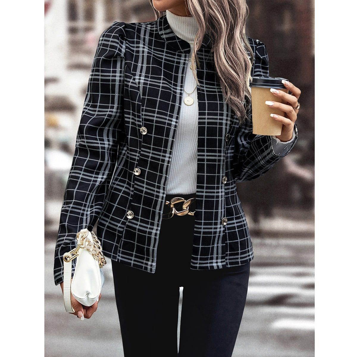 Damen Blazerjacke Kariert mit Knöpfen Schwarzweiß - Norvielle
