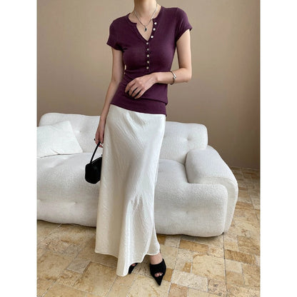 Damen Kurzarm Henley-Shirt Figurbetont Norvielle Baumwolle Weiß