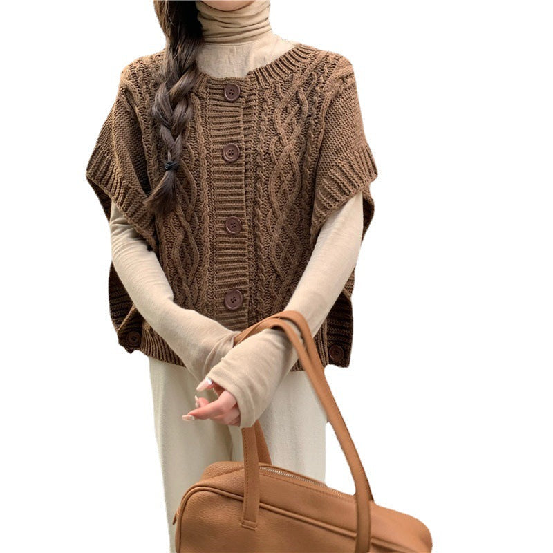 Damen Strickpullover Knopfleiste Zopfmuster