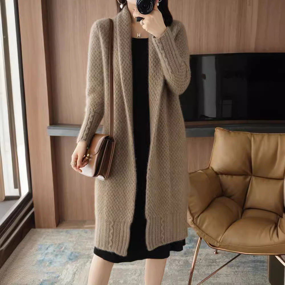 Damen Strickjacke Offene Front Zopfmuster Beige