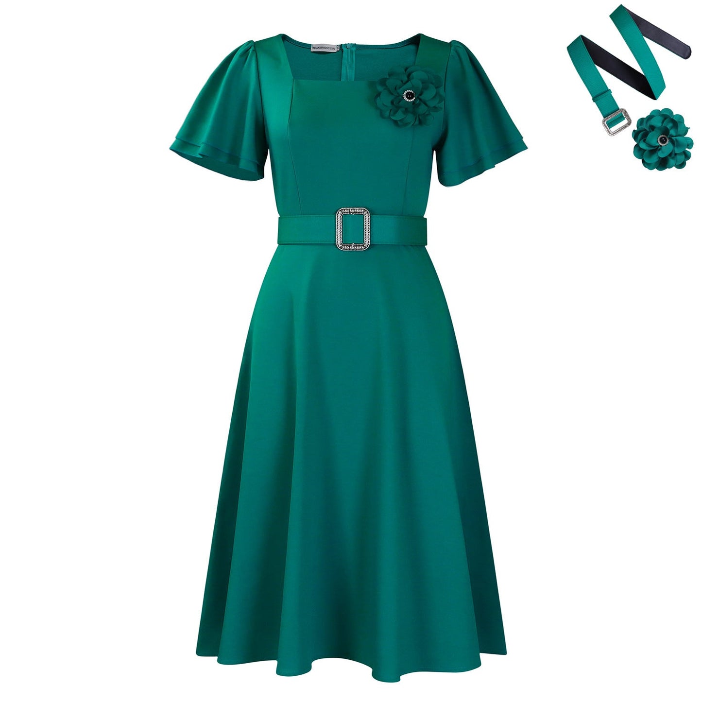 Damen Midi Kleid mit Ruffles Ausschnitt und Breitem Gürtel