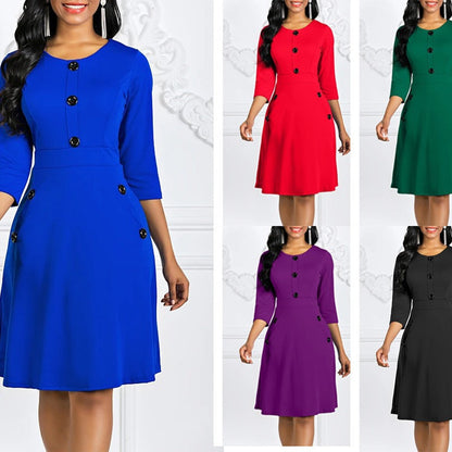 Damen Knieumspielendes Kleid mit Schmuckknöpfen 3/4-Ärmel Schwarz - Norvielle