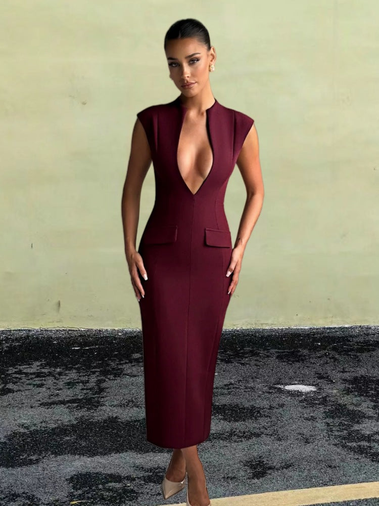 Damen Kleid V-Ausschnitt Figurbetont mit Taschen Norvielle