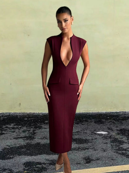 Damen Kleid V-Ausschnitt Figurbetont mit Taschen Norvielle