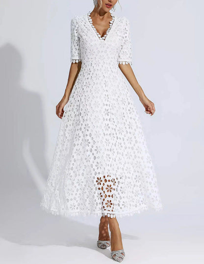 Damen Midi Kleid Florale Stickerei V-Ausschnitt Norvielle