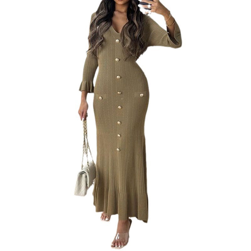 Damen Maxikleid Rippstrick Knopf-Design Elegantes Design