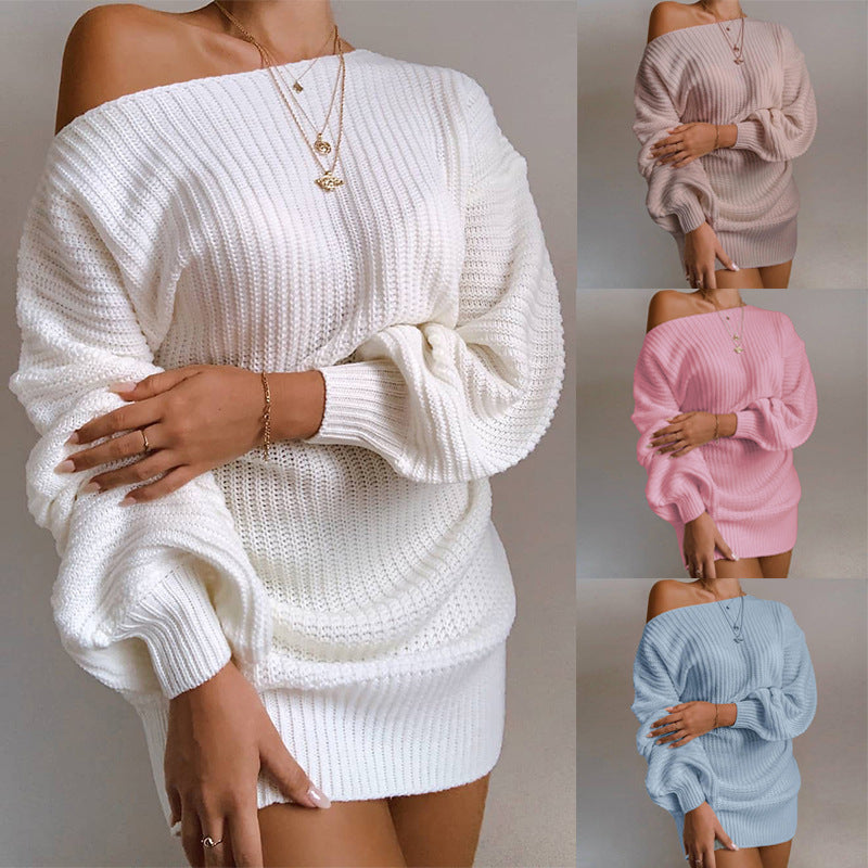 Damen Strickkleid Schulterfrei Voluminöse Ärmel Norvielle - Norvielle