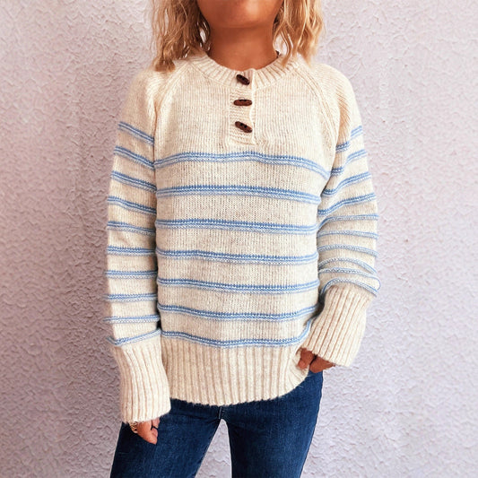 Damen Strickpullover Gemustert Knopfdetails Weiter Hals - Norvielle