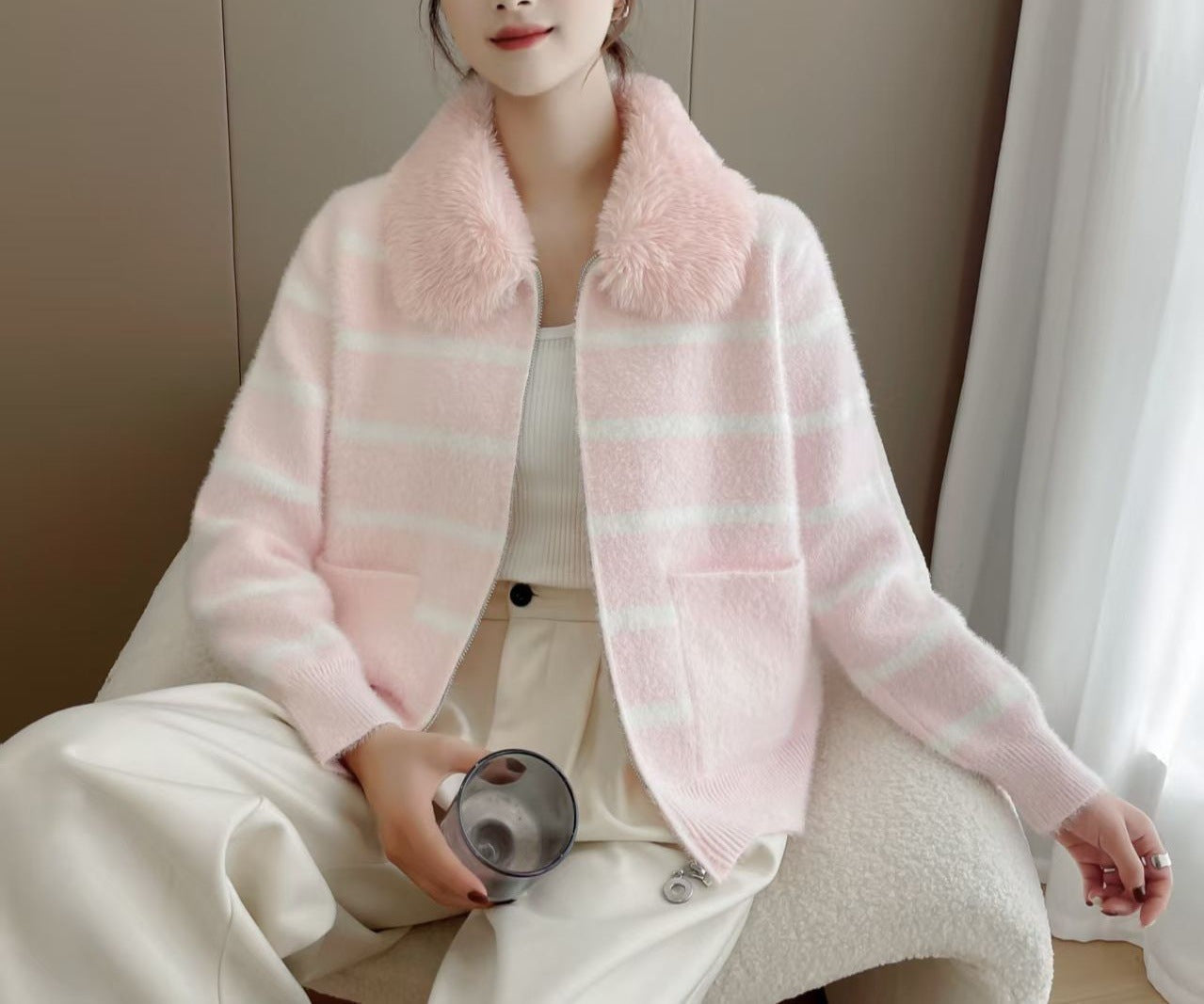 Damen Strickjacke Weich Gefüttert Beige