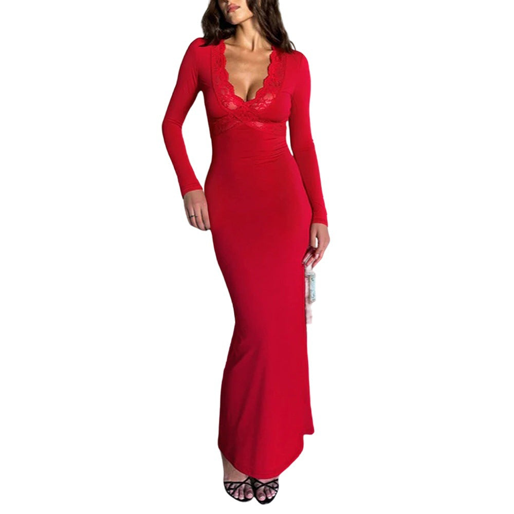 Damen Maxikleid V-Ausschnitt Spitzenbesatz Norvielle