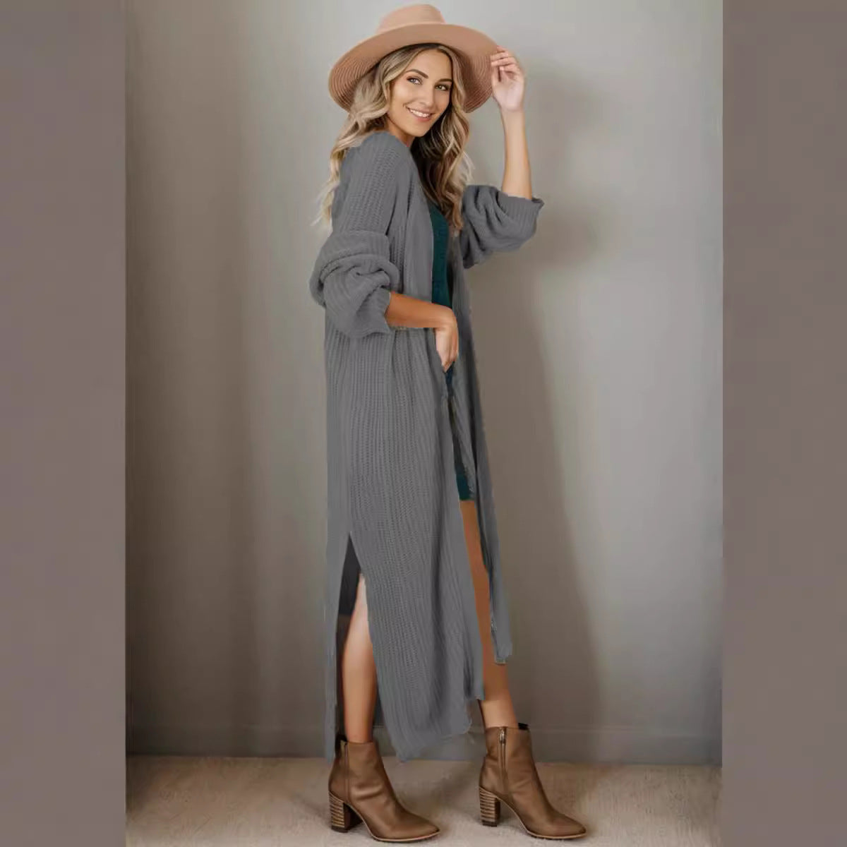 Damen Strickcardigan Lässig Offene Kanten Beige