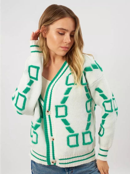 Damen Strickjacke Bunt Geometrisch Knöpfe
