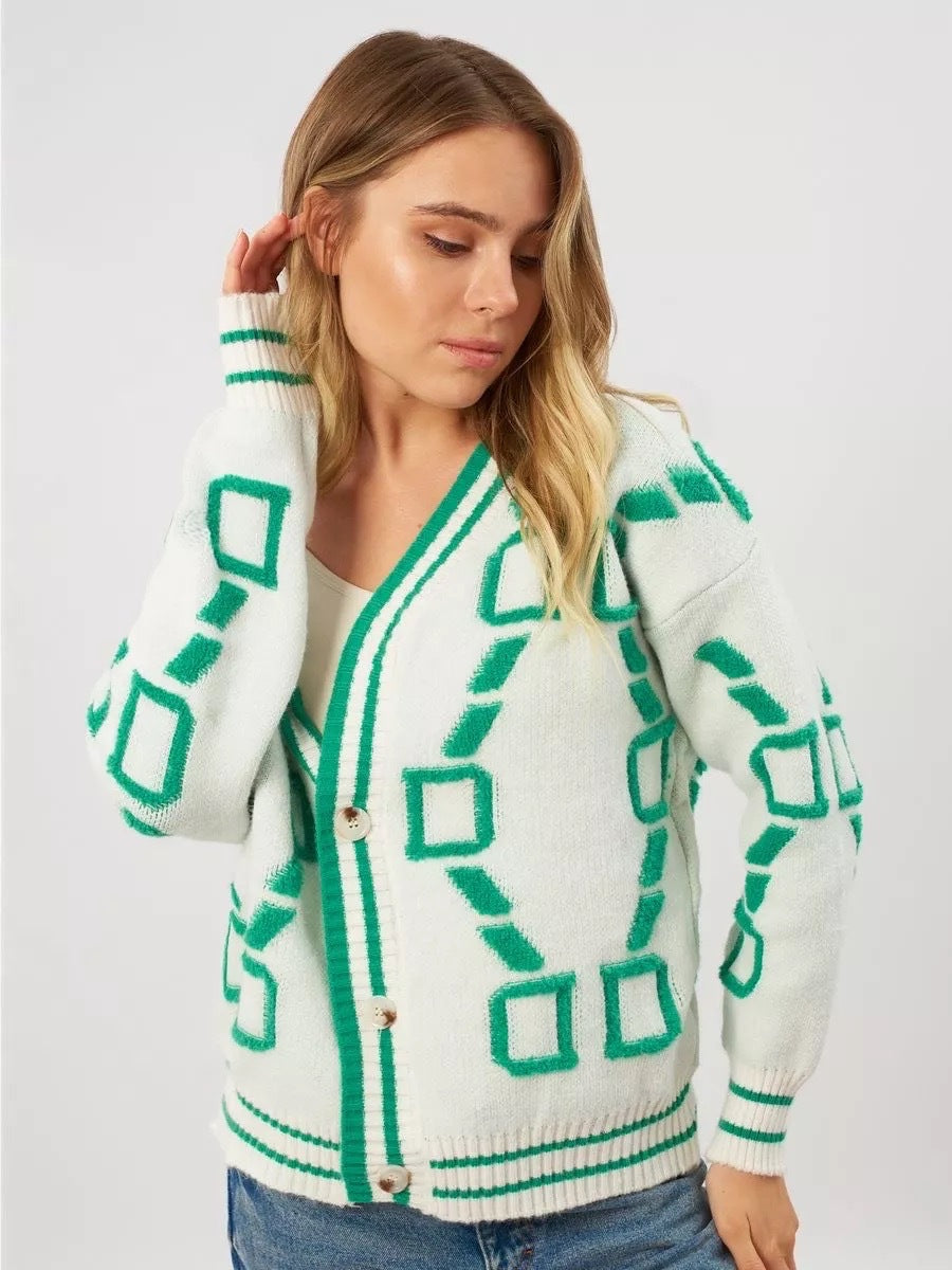 Damen Strickjacke Geometrisches Muster Knopfleiste Norvielle