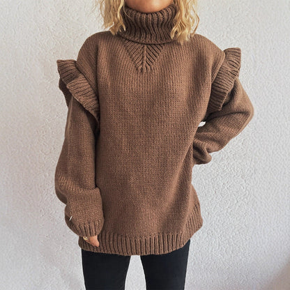 Damen Strickpullover Rüschen-Details Hochkragen Norvielle