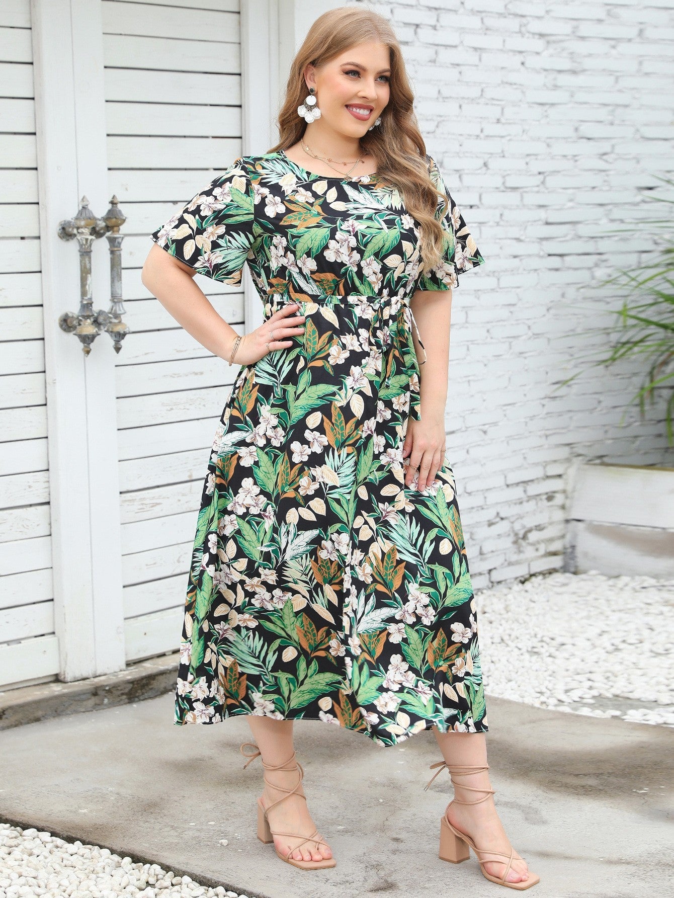 Damen Maxikleid mit Musterung und Dekorband