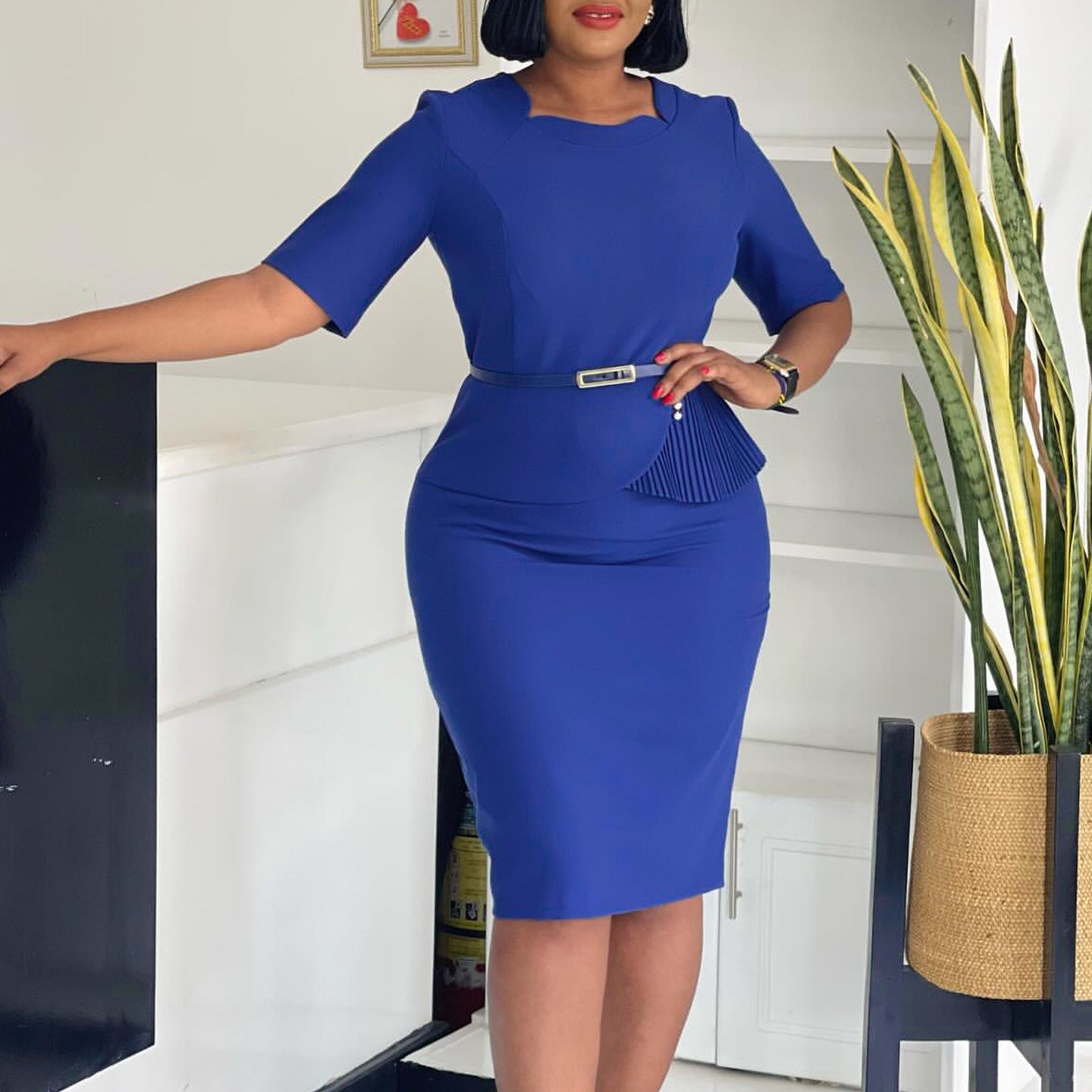 Damen Midi-Kleid Drapiert Vorderseite Abnehmbarer Gürtel Norvielle - Norvielle