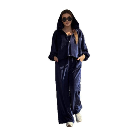 Damen Velours-Loungewear-Set Cropped Oberteil Bequeme Hose Norvielle