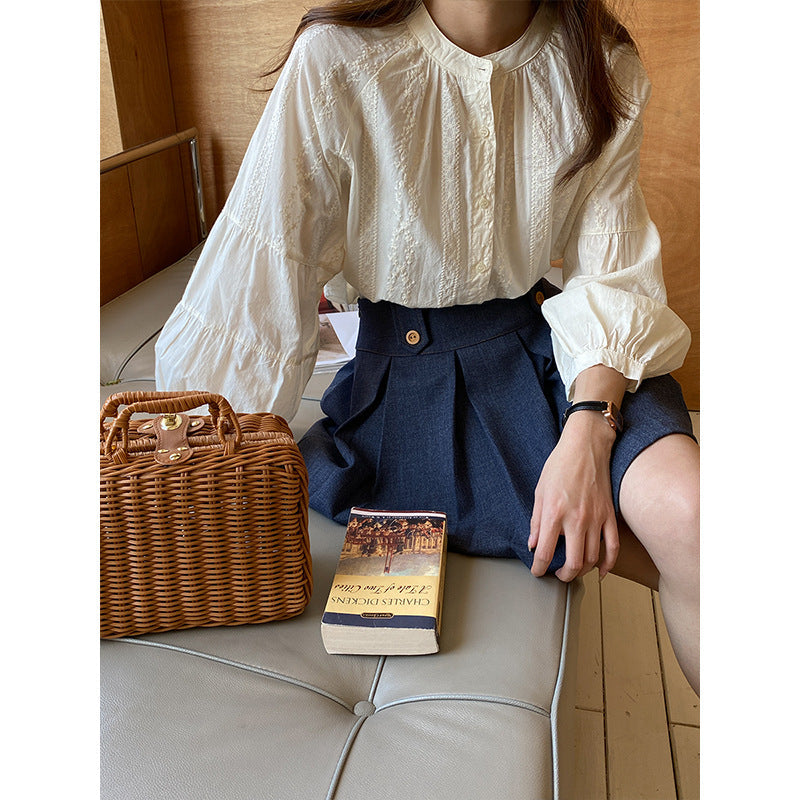 Damen Bluse Puffärmel Feines Stickdesign Norvielle