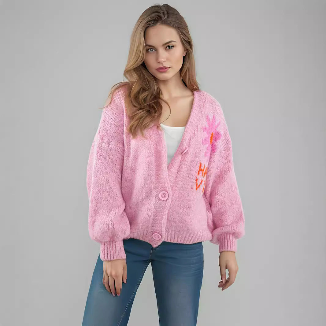 Damen Strickjacke Bunt Blumenmuster Große Knöpfe