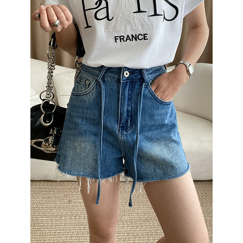 Damen Hochtaillen Jeansshorts Dekoratives Schnürdetail Französer Saum - Norvielle