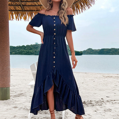 Damen Maxikleid Schulterfrei Knöpfe Vorne Norvielle