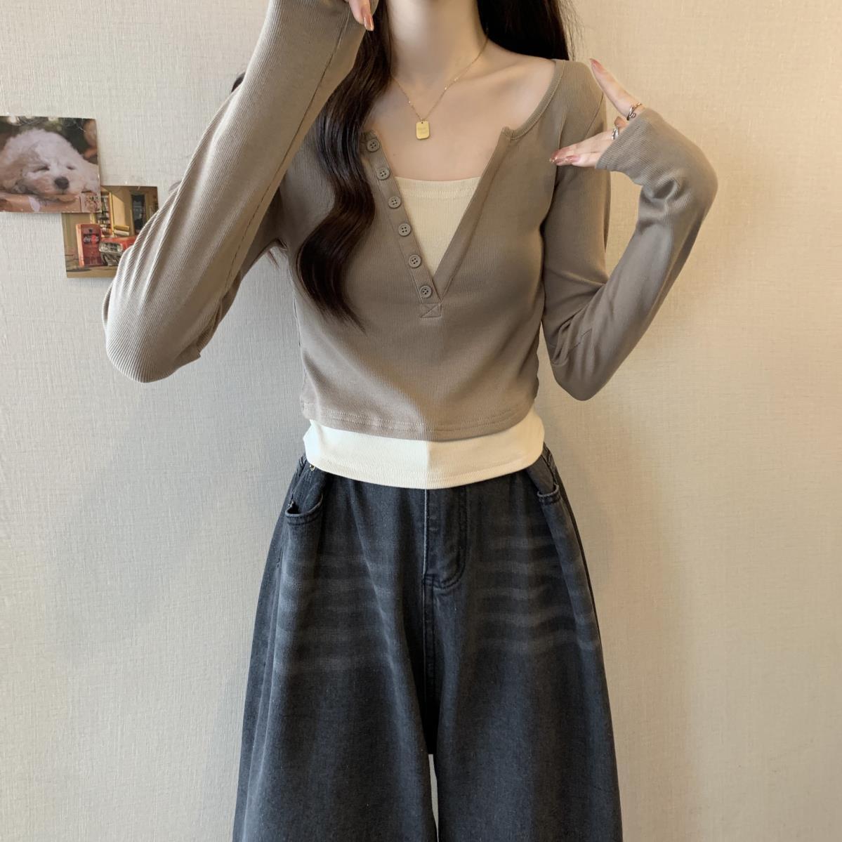 Damen Langarmshirt Rundhalsausschnitt Knopfleiste Norvielle