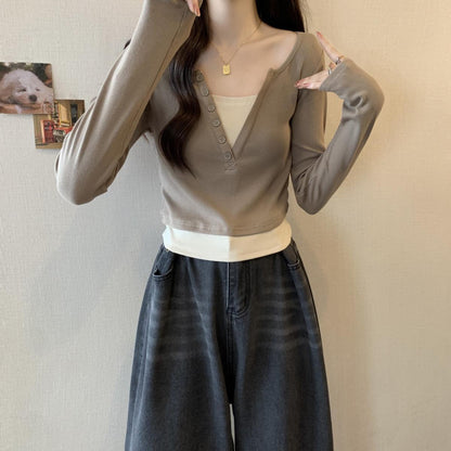 Damen Langarmshirt Rundhalsausschnitt Knopfleiste Norvielle